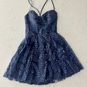 Blondie Nites Navy Sequin Fit-and-Flare Spaghetti Strap Dress